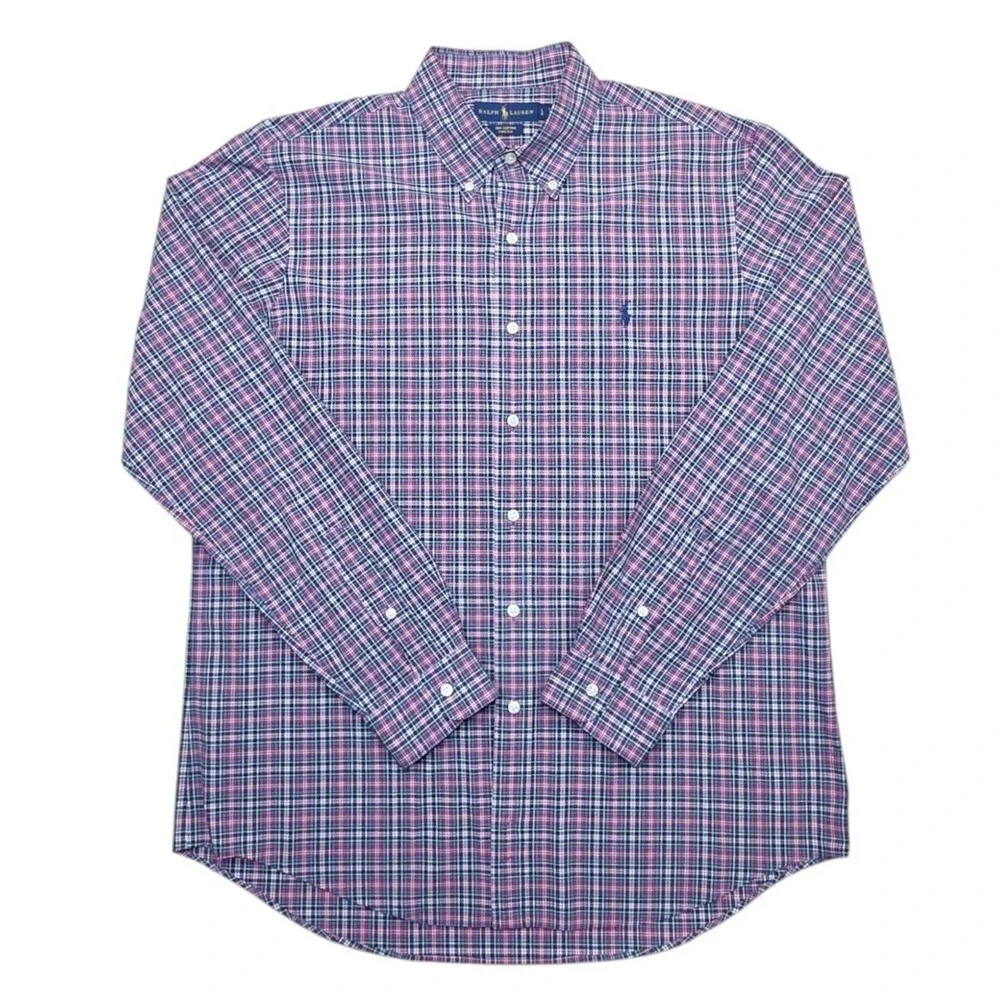 Polo Ralph Lauren Mens Large Plaid Button Down Shirt Blue Red Stretch Cotton L